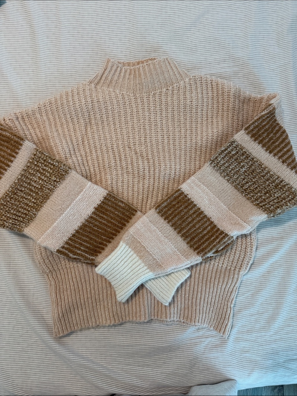 Topshop Beige Knit Turtleneck Sweater with Striped Sleeves